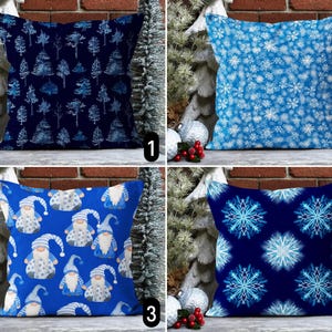 Federa per cuscino con accenti natalizi blu, gnomi di fiocchi di neve e alberi di pino, federa per cuscino per le vacanze invernali, arredamento per la casa nordico boho, qualsiasi dimensione