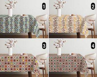 Retro Boho Abstract Tablecloth, Mid Century Modern Geometric Tablecloth, Vintage Nostalgic Custom Tablecloth, Cozy 60s 70s Dining Room Decor