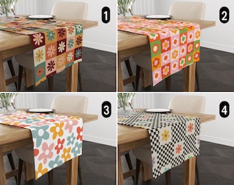 Caminho de mesa floral moderno de meados do século, caminho de mesa colorido retrô com flores em tabuleiro de xadrez, caminho de mesa abstrato e descolado, decoração de sala de jantar