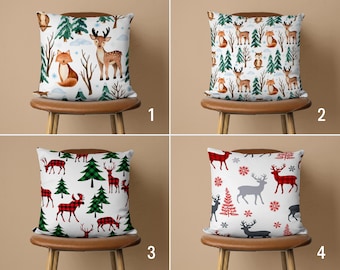 Deer & Fox in Pinewood Pillow Case, Animals in Winter Pillow Cover, Snowy Christmas Cushion Cover, Country House Decor, Handmade Pillow