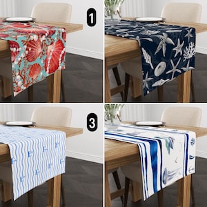 Nautical Coastal Table Runner, Marine Life Beach House Table Runner, Seashell Starfish & Sailboat on Waves Table Runner, Any Custom Size