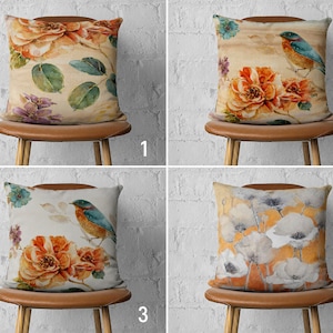 Orange Floral Pillow Cover, Flower & Bird Pillow Case, Vintage Looking Cushion Cover, Bedroom Decor, Handmade Pillow, Cover Only, 16x16