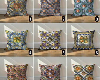 Italian Tile Throw Pillow Case, Blue Yellow Digital Print Spanish Cushion Cover, Mediterranean Decor