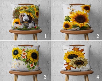 Sunflower Pillow Cover, Yellow White Floral Cushion Cover, Dog & Flowers Pillow Case, Living Room Decor, Euro Sham Cover, Handmade Pillow