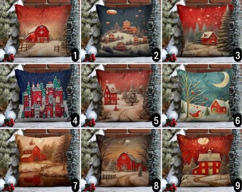 Cozy Red Barn Pillow Cover, Snowy Christmas Village Landscape Cushion Cover, Snowy Moonlit Night Pillow Case, Farmhouse Decor, Holiday Decor