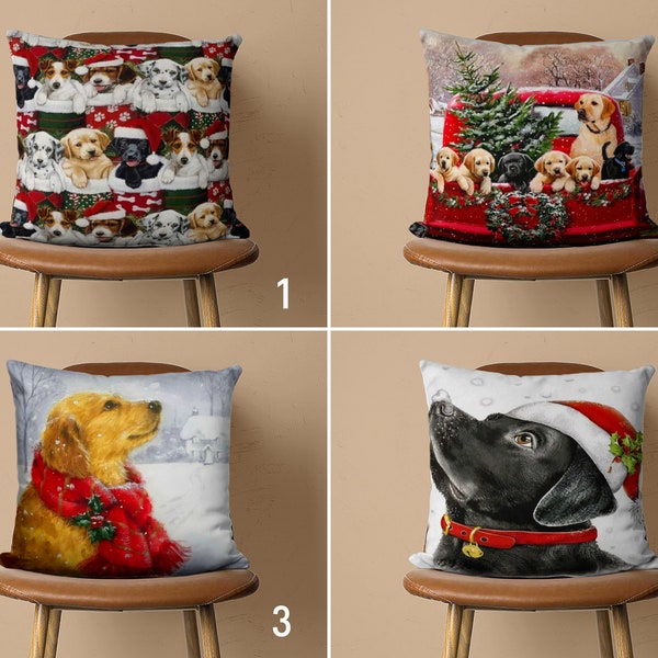 Cute Christmas Dog Pillow Cover, Dog in Winter Cushion Cover, Holiday Pillow Case, Christmas Decoration, Winter Gift, Santa Hat Decor, 18x18