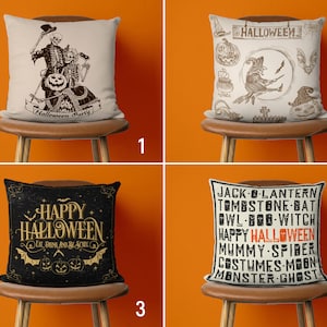 Vintage Style Halloween Pillow Cover, Old School Design Happy Halloween Cushion Cover, Witch & Carved Pumpkin Pillow Case, Halloween Gift