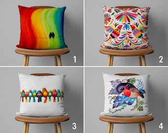 Little Birds Pillow Cover, Cute Bird Pillow Case, Colorful Rainbow Cushion Cover, Any Size Pillow, 18x18, 20x20, Farmhouse Decor, Only Cover