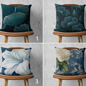 Dark Blue Floral Pillow Case, Teal Flower Pillow Cover, Boho Cushion Cover, Any Size Pillow, Decorative Pillow Cover, Handmade Pillow, 18x18