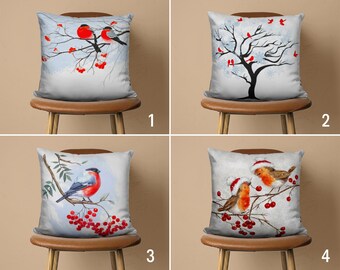 Schattige vogels in winter kussensloop, kleine vogels op boomtakken kussenhoes, kussensloop winterthema, kerstcadeau, kussen elke maat