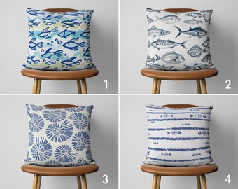 Fish Design Accent Pillow Cover, Marine Navy Blue & White Fish Cushion Cover, Coastal Seashell Pillow Case, Nautical Decor, 26x26 28x28