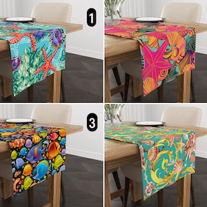 Vibrant Coastal Table Runner, Colorful Starfish Seashell & Fish Design Runner, Nautical Marine Tablecloth, Beach House Decor,Any Custom Size