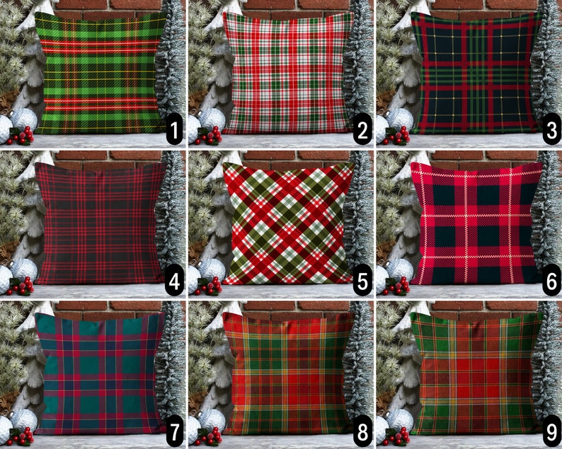 Red Green Plaid & Tartan Pillow Cover, Christmas Holiday Throw Pillow Case, Scottish Style Pattern Winter Pillow Case, Boho New Year Decor image 1