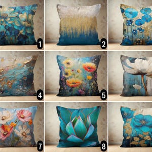 May include: Ten different pillow covers featuring a variety of floral and abstract designs. The pillows are all rectangular and have a blue, gold, and white colour scheme.