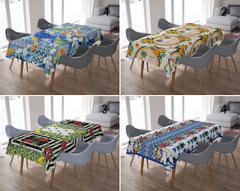 Tropical Floral Tablecloth, Hibiscus Lemon Palm Tree Rose Design Tablecloth, Summer Dining Room Decor, Exotic Botanical Decors, Custom Size