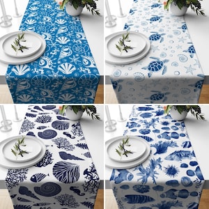 Coastal Table Runner, Blue Sea Life Kitchen Runner, Nautical Table Cover, Marine Tablecloth, Any Size Runner, Dining Room Decor