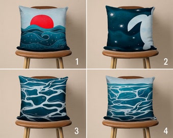 Waves Pillow Cover, Ocean Life Pillow Case, Blue Sea Cushion Cover, Coastal House Decor, Decorative Pillows, Only Cover, 18x18 20x20