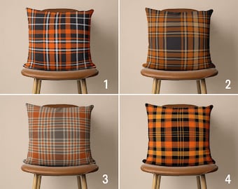 Orange & Black Plaid Pillow Cover, Farmhouse Cushion Cover, Geometric Country House Pillow Case, Any Size Pillow, Cover Only, 20x20 18x18
