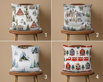Winter House Pillow Cover, Cozy Watercolor Cushion Cover, Landscape in Snow Pillow Case, Christmas Decor, New Year Decor, Farmhouse Pillow