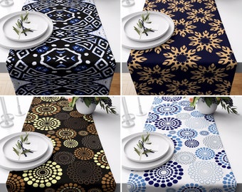 Geometrischer Läufer, Modernes Abstraktes Tischläufer, Blau & Schwarzes Baumwoll Tischdecke, Küchen Textil
