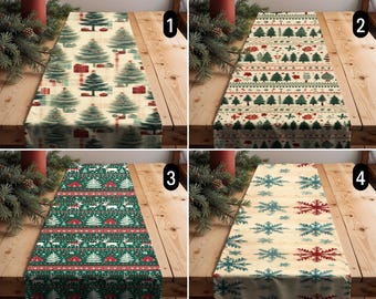 Bordlöpare med tallar och snöflingor, vintage vintergröna skogsbordlöpare, digitaltryckt grön beige röd boho mysig löpare, lantlig inredning