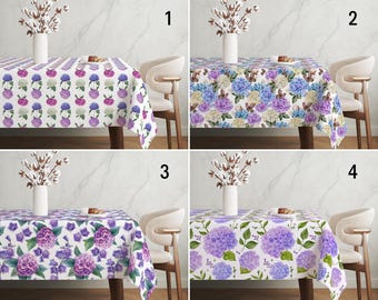 Nappe fleurs d'hortensias, nappe motif fleurs aquarelle lavande violet, nappe florale printemps et été, décoration chic de salle à manger
