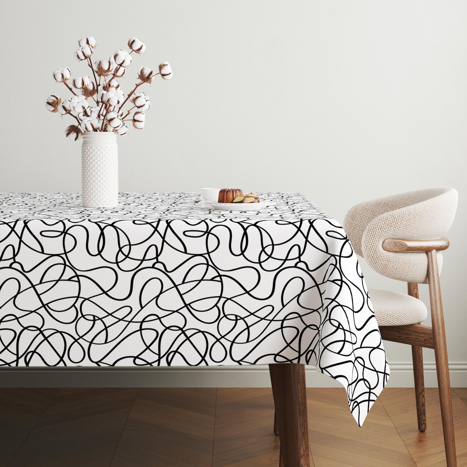 Tablecloth Drawring One Line Drawing Tablecloth, Black & White Modern Abstract Tablecloth ...
