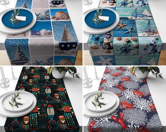 Coastal Marine Table Runner,  Fish & Lobster Design Kitchen Runner, Blue Nautical Tablecloth, Sailboat Design Table Cover, Dining Room Decor