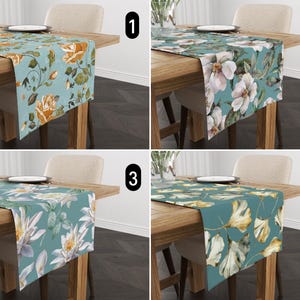 Floral Teal Table Runner, Elegant Spring & Summer Flowers and Leaves Table Runner, Romantic Shabby Chic Table Runner, Boho Dining Room Decor