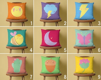 Colorful Kids Pillow Cover, Nursery Room Cushion Cover, Playroom Decor, Cute Pillowcase, Baby Shower Decor, Size Option Pillow, 18x18