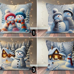 Bonita funda de almohada con muñeco de nieve y bufanda, funda de almohada con escena de vacaciones de invierno nevadas, acogedora funda de almohada con paisaje de cabaña, regalo festivo de Navidad