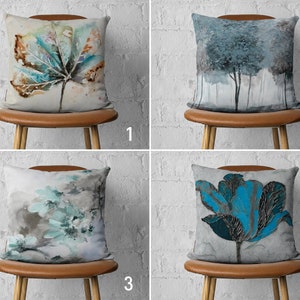 Flowers Leaves Pillow Cover, Floral Blue Cushion Cover, Watercolor Trees White Pillow Case, Botanical Home Decor, Any Size Pillow, 18x18