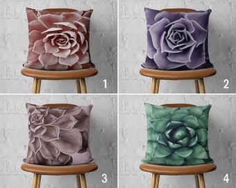 Succulent Pillow Case, Cactus Plant Pillow Cover, Purple & Green Cushion Cover, Euro Pillow Sham, Handmade Pillow, Cover Only, 16x16 24x24