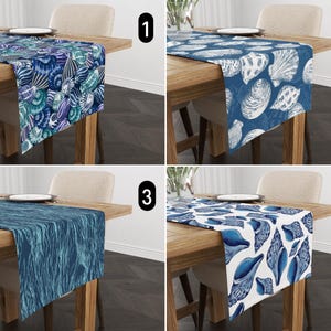 Blue Seashells & Ocean Waves Table Runner, Marine Sea Life Runner, Nautical Coastal Kitchen Table Runner, Beach House Decor, Summer Decor