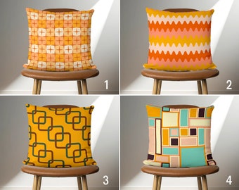 Federa per cuscino dal design retrò arancione e giallo, federa per cuscino geometrica, fodera per cuscino astratta, arredamento moderno di metà secolo, arredamento del soggiorno