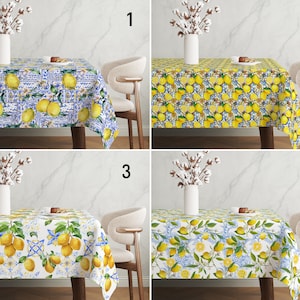 Tile & Lemon Design Summer Tablecloth, Blue Yellow Italian Sicilian Tablecloth, Mediterranean Style Citrus Home Decor, Dining Room Decor