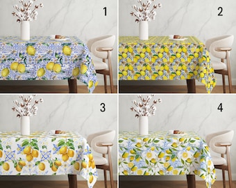 Tile & Lemon Design Summer Tablecloth, Blue Yellow Italian Sicilian Tablecloth, Mediterranean Style Citrus Home Decor, Dining Room Decor