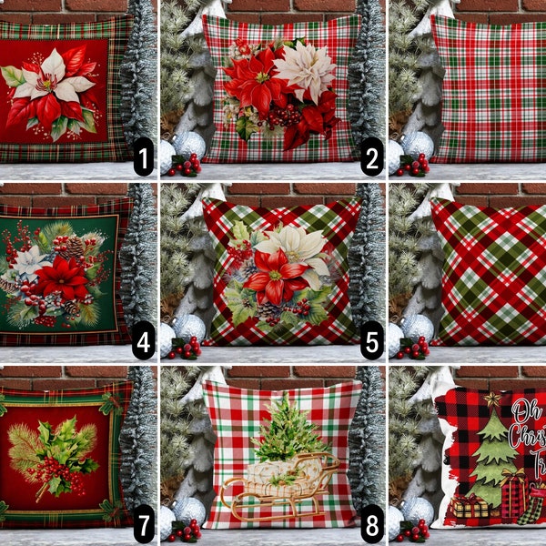 Red Green Plaid Christmas Pillow Cover, Tartan Pattern Holiday Throw Pillow Case, Scottish Pattern Poinsettia Pillow Case, Christmas Decors