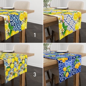 Lemon on Tile Table Runner, Blue Yellow Italian & Spanish Style Runner, Mediterranean Home Decor, Dining Room Decor,Citrus Summer Tablecloth