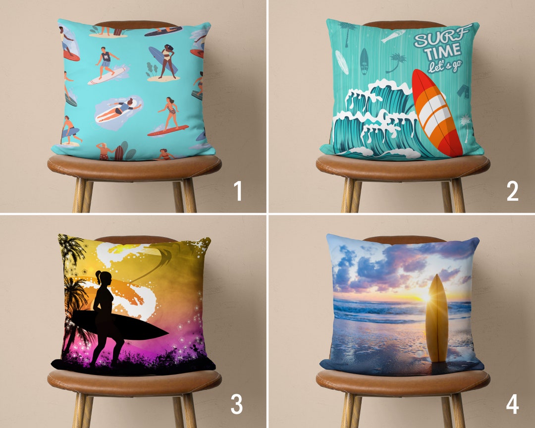 Surfing Pillow Cover, Surfboard Pillow Case, Blue Cushion Cover, Gift