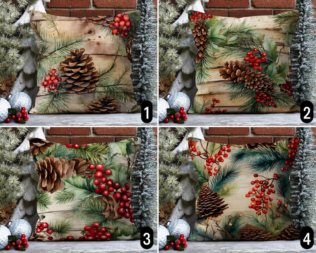 Pine Cone & Holly Berry Pillow Cover, Green Red Winter Evergreen Branch ...