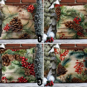 Federa per cuscino con pigne e bacche di agrifoglio, federa per cuscino con ramo sempreverde invernale rosso verde, federa per cuscino natalizio floreale e accogliente, decorazione rustica