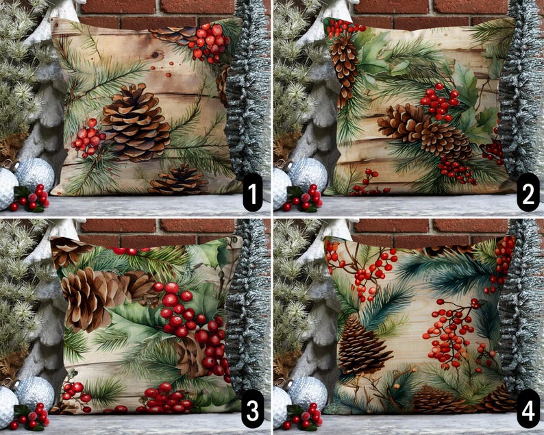 Pine Cone & Holly Berry Pillow Cover, Green Red Winter Evergreen Branch ...