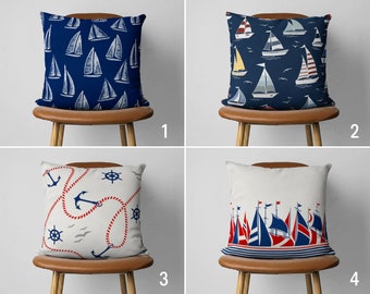 Nautical Pillow Case, Sailboat Pillow Cover, Navy Blue Ocean Cushion Cover, Marine Home Decor, Coastal House Decor, Any Size Pillow