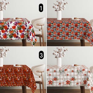 Floral Cozy & Boho Tablecloth, Blooming Summer Spring Flowers Tablecloth, Custom Botanical Red Rust Burgundy Table Decor, Dining Room Decor