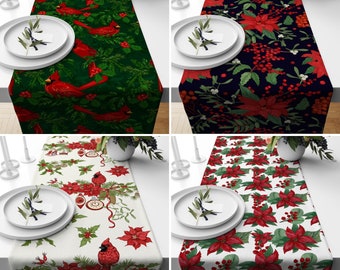 Red Cardinal Bird Table Runner, Red Christmas Flower Kitchen Runner, Winter Flowers & Animals Table Cover, Xmas Centerpiece, Any Size Runner