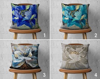 Poszewki na poduszki Boho Home Floral Throw Pillow Covers, Poszewka na poduszkę Blue White Flowers, Dekoracyjne zielone poduszki, Poduszka w dowolnym rozmiarze, Tylko poszewka, 14x14 16x16