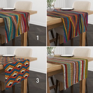 May include: Four different table runners with colourful geometric patterns. The runners are displayed on wooden tables with chairs. The runners are numbered 1 through 4.