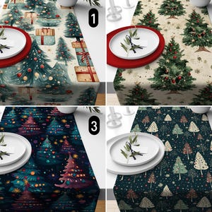 May include: Four Christmas table runners with various designs. The first shows Christmas trees and wrapped gifts on a light background. The second has green trees on a beige background. The third has colourful trees on a dark background. The fourth has trees on a dark blue background.