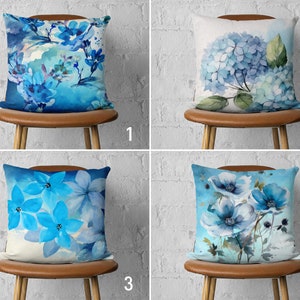 Blue Floral Summer Throw Pillow Cover, Decorative Spring Flowers Pillow Case, Elegant Chic Cushion Cover, Unique Home Decor, 18x18, 16x16
